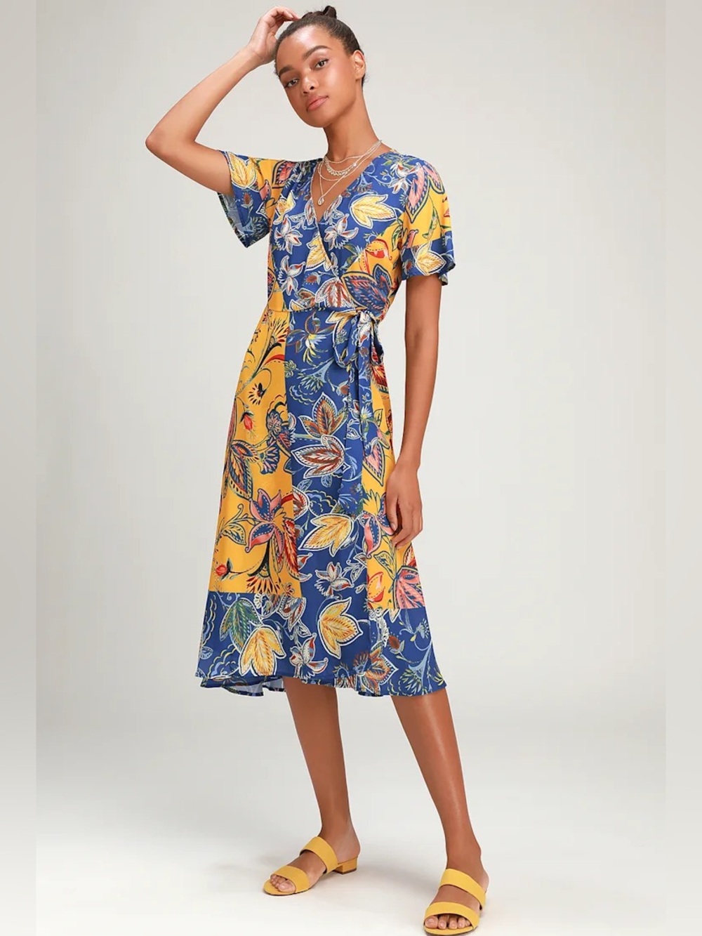 Lulus Atlantis Blue and Yellow Print Wrap Midi Dress XS